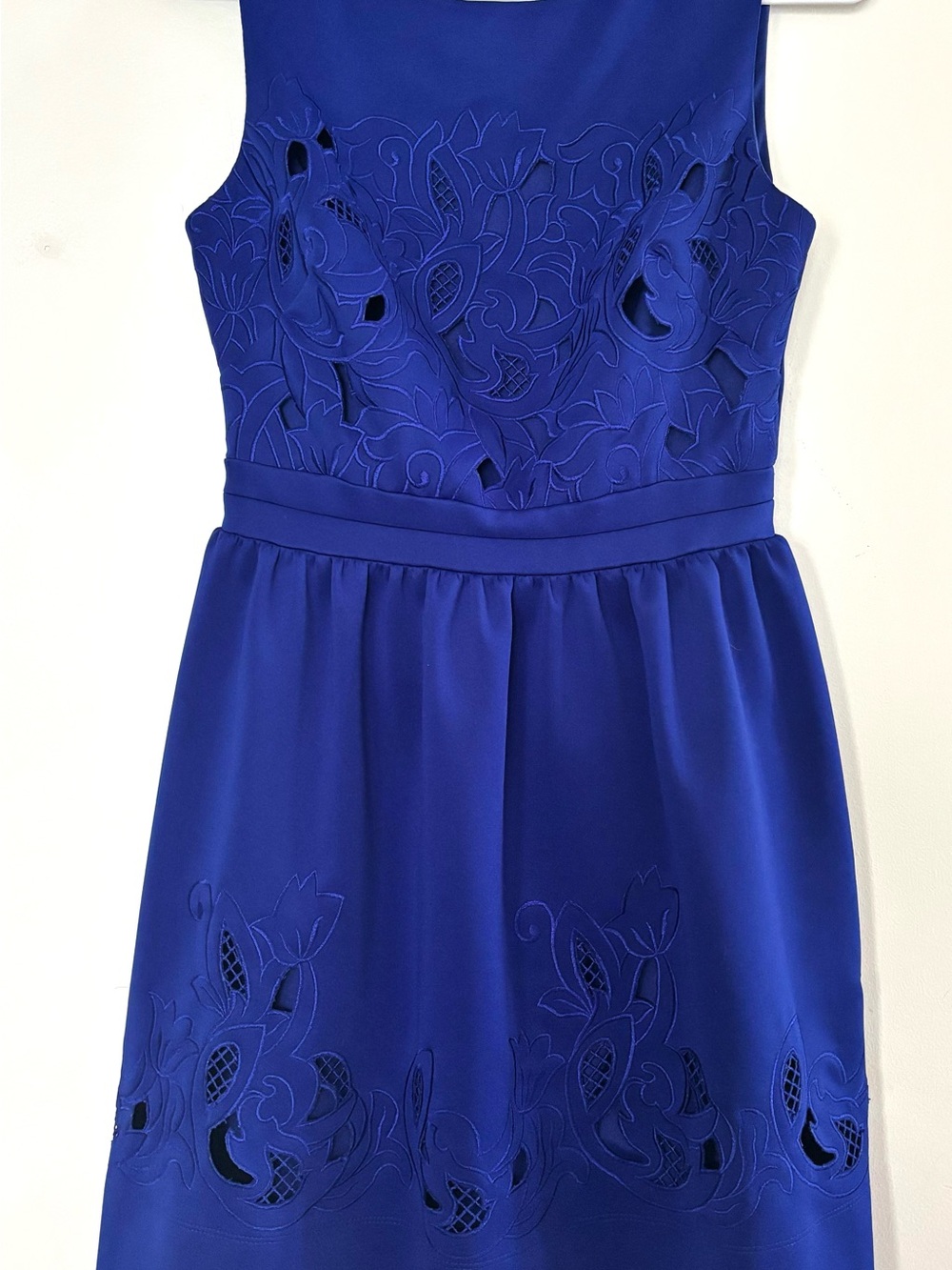 Betsey Johnson Royal Blue Sleeveless Dress with Laser-Cut Floral Appliqué